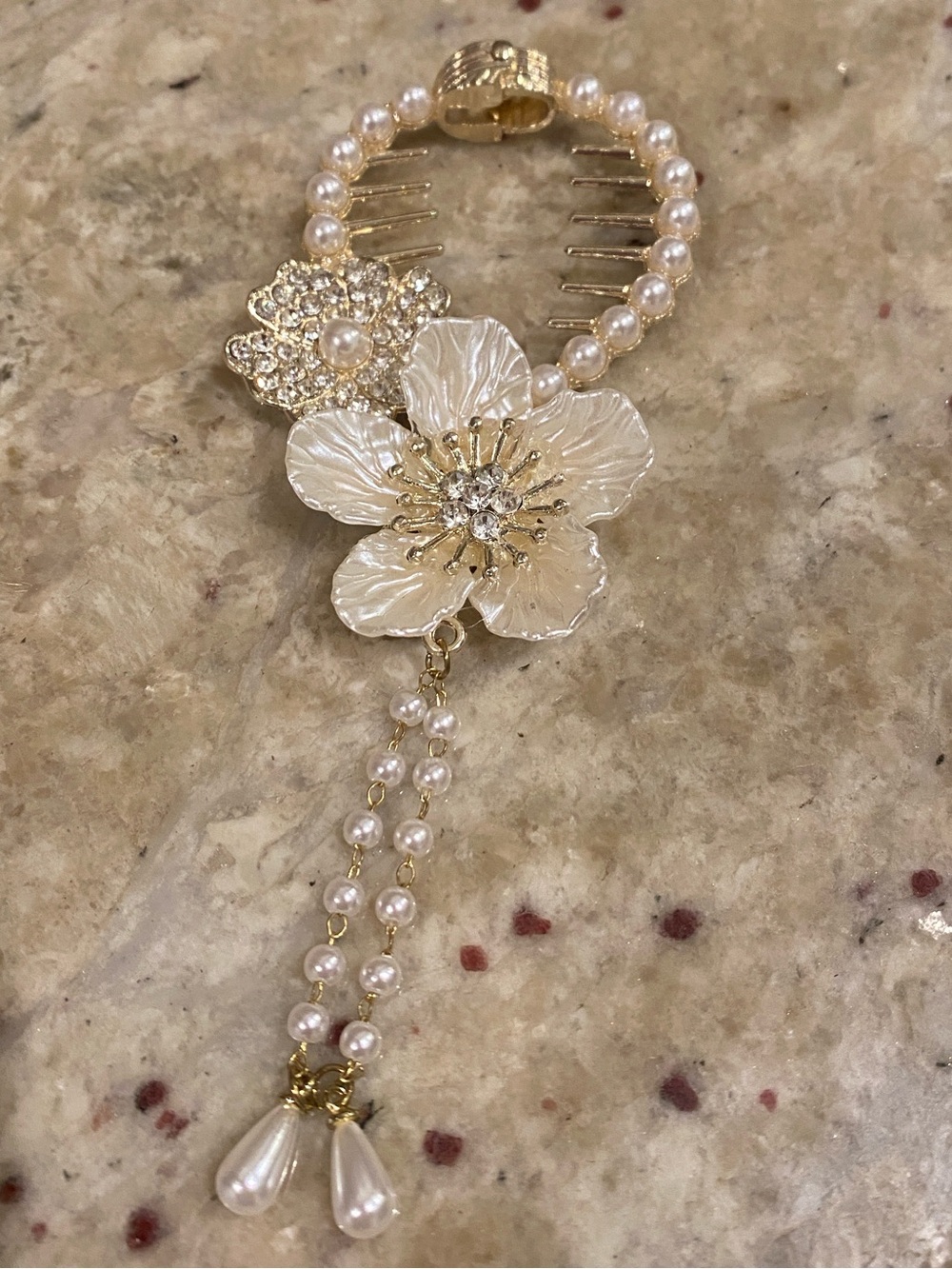 Gold and White Pearl like Flower Hair Comb with Dangling Pearly accents.